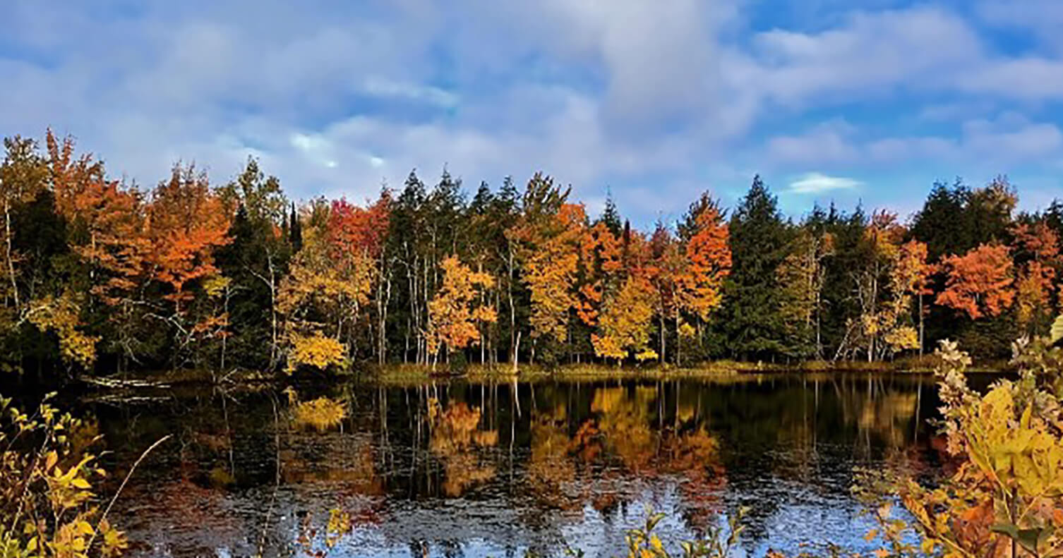 Autumn trees reflected in a calm Minnesota lake under a blue sky, used as a seasonal header image for Still Waters Mediation.